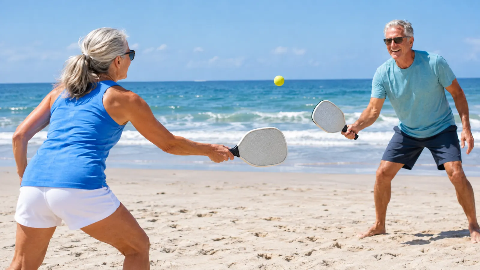 Two people playing paddleball on the beach, one reaching to return the ball.