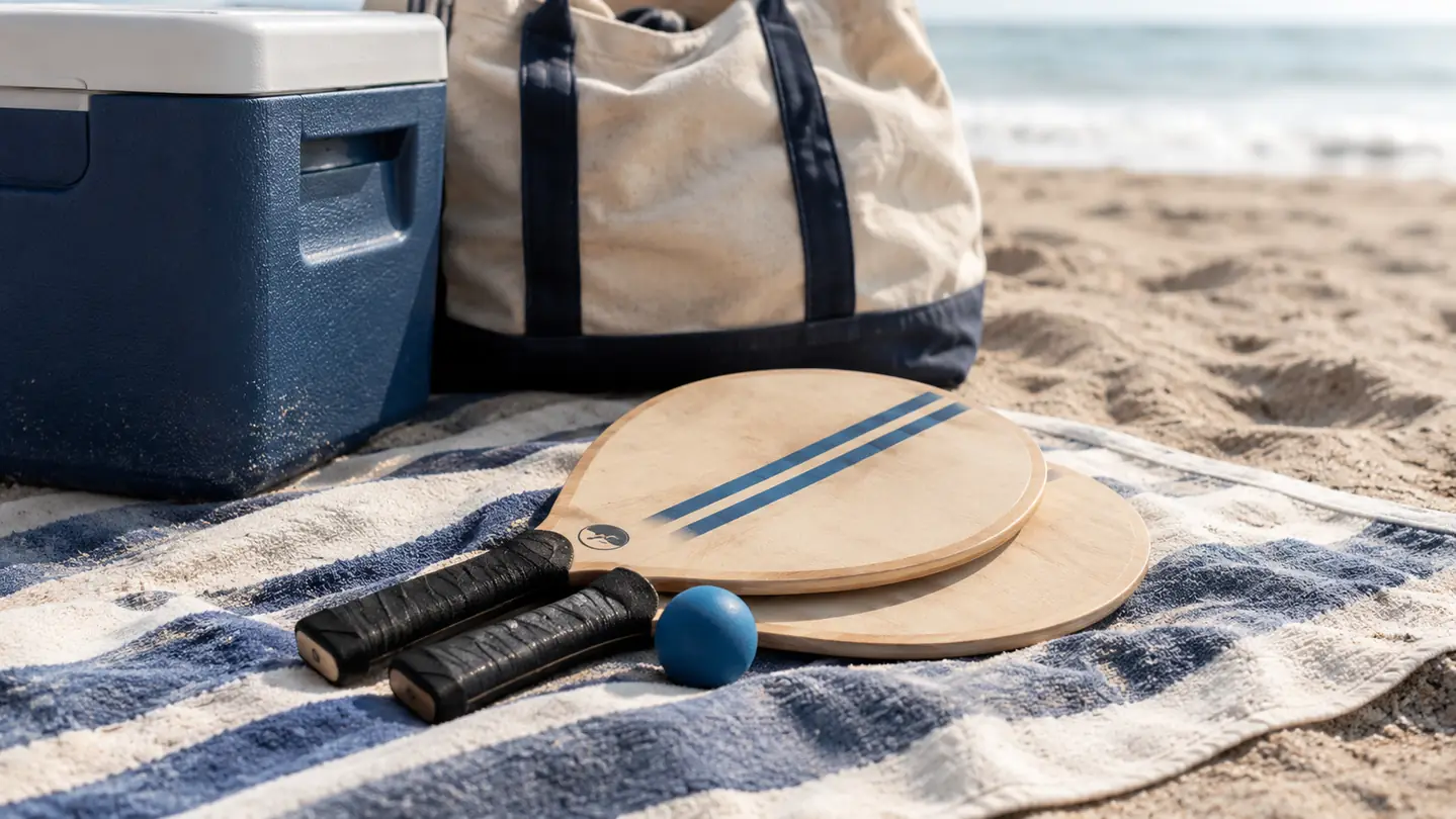 A paddleball set resting on a beach towel beside a cooler and a canvas beach bag.