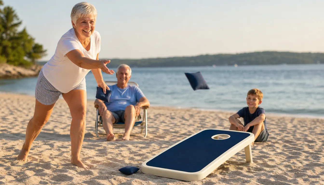 An older woman tossing a bean bag underhand toward a cornhole board on the beach