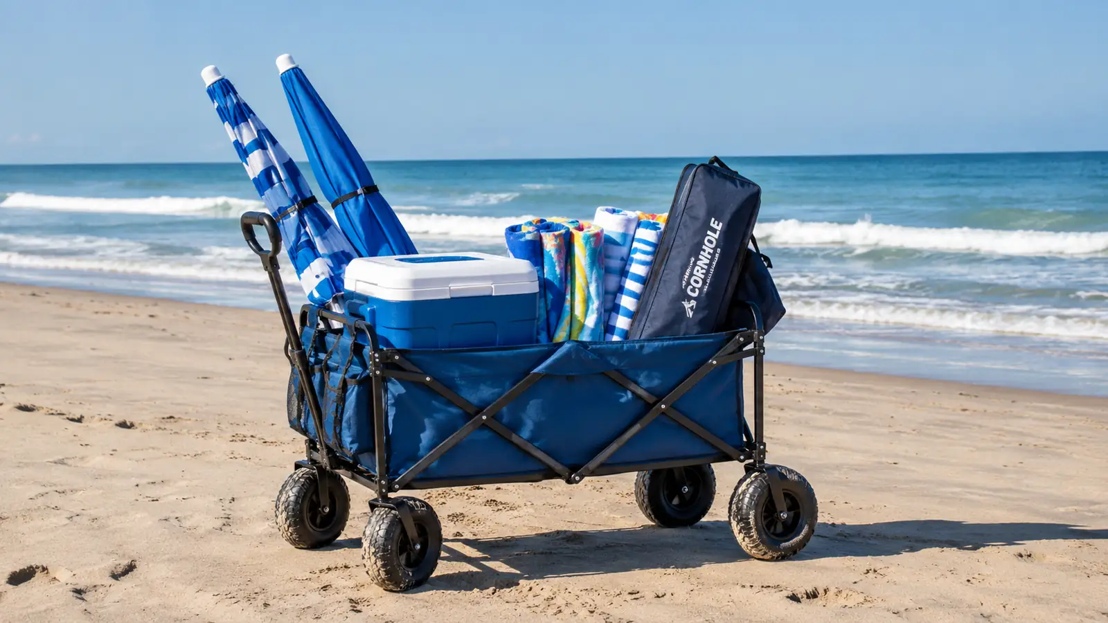A beach wagon loaded with a cooler, two umbrellas, towels, and a cornhole carry case, parked on the sand near the water