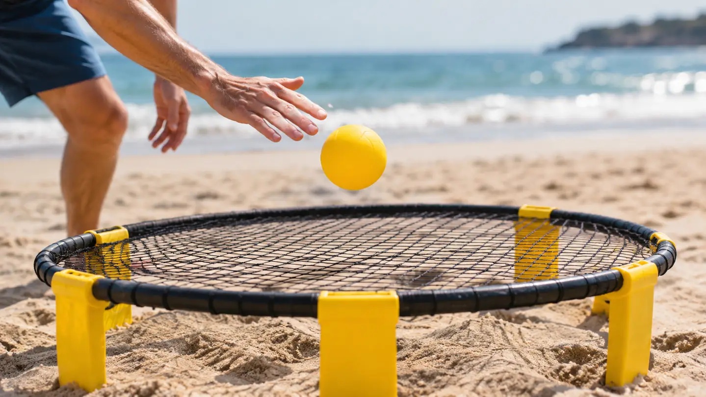 Close view of hands bouncing the ball off the round net during a beach rally.