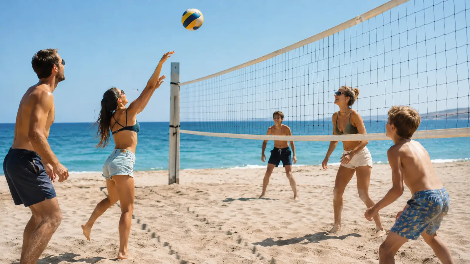 A family playing volleyball at the beach on a sunny afternoon