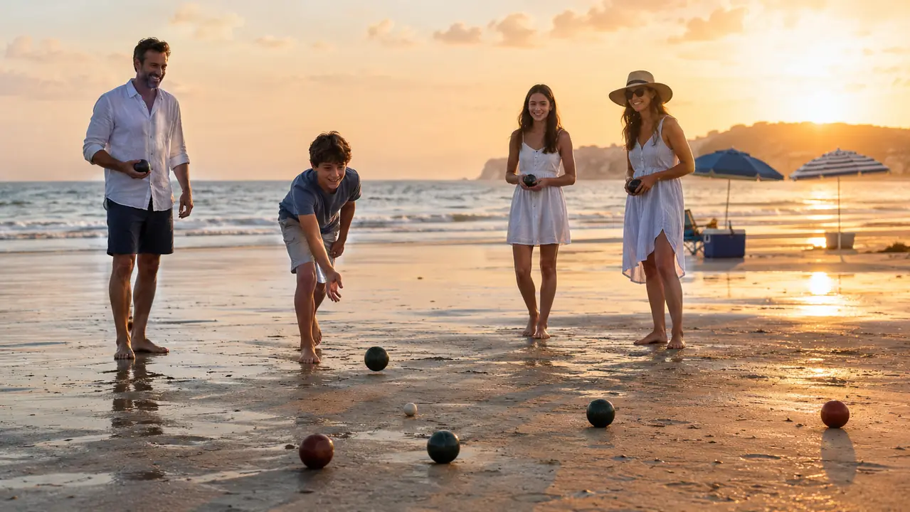 A family playing bocce on a flat stretch of wet sand near the water in the late afternoon, with two umbrellas and a cooler in the background