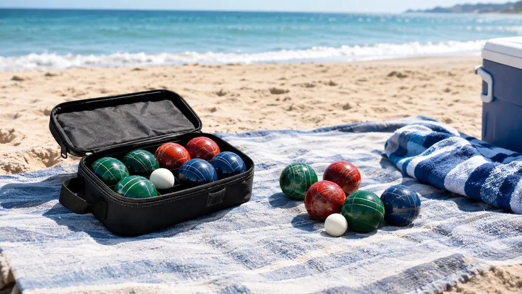 A bocce set in its carry case spread out on a beach blanket beside a towel and a cooler