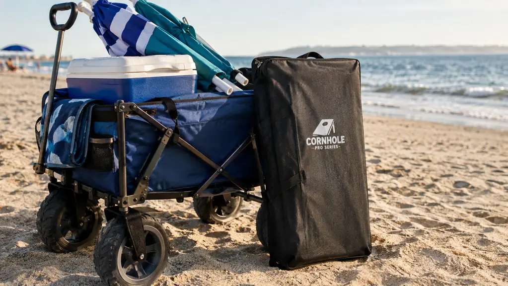 A portable cornhole set in its carry case packed beside a beach wagon with umbrellas and a cooler