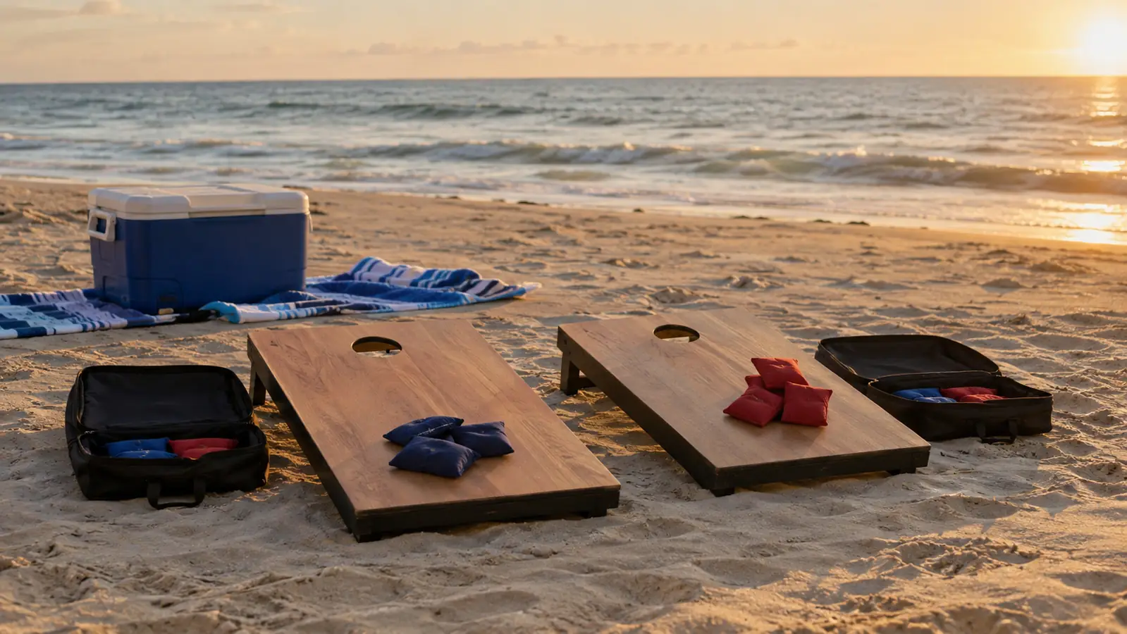 Two portable cornhole board sets side by side on beach sand with carry cases beside them
