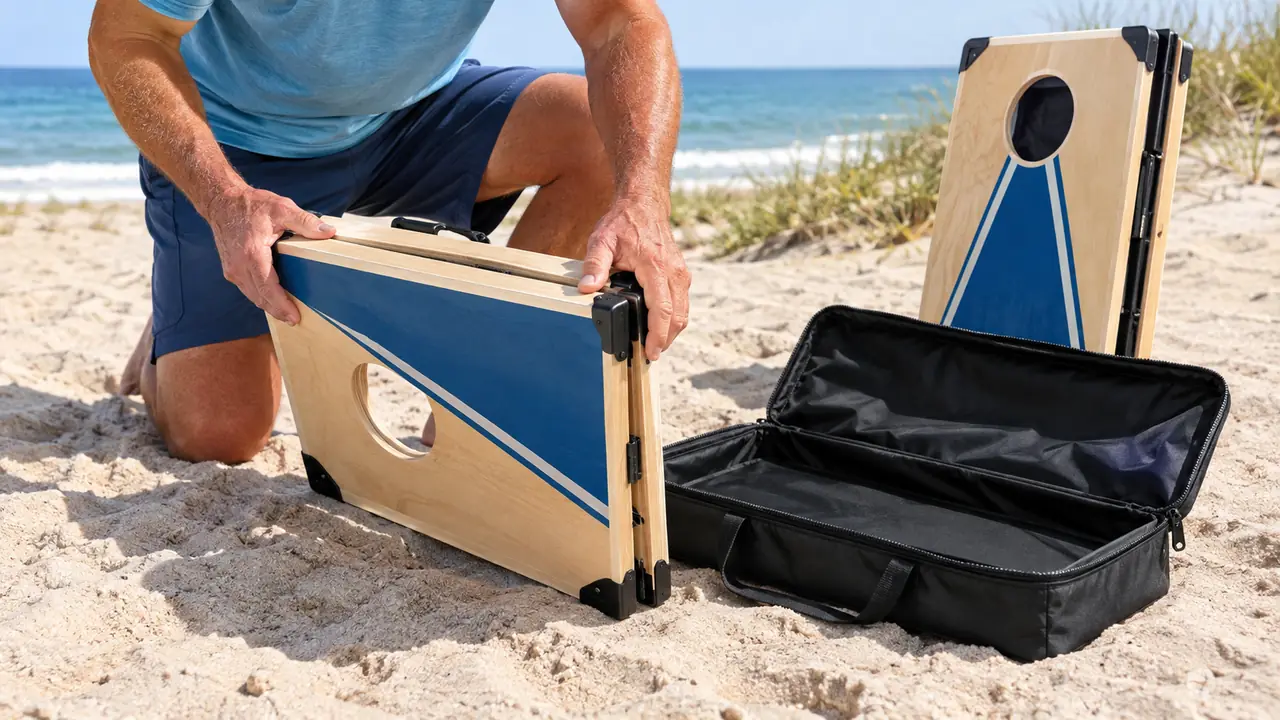 Hands folding a portable cornhole board in half on beach sand with the carry case open beside it