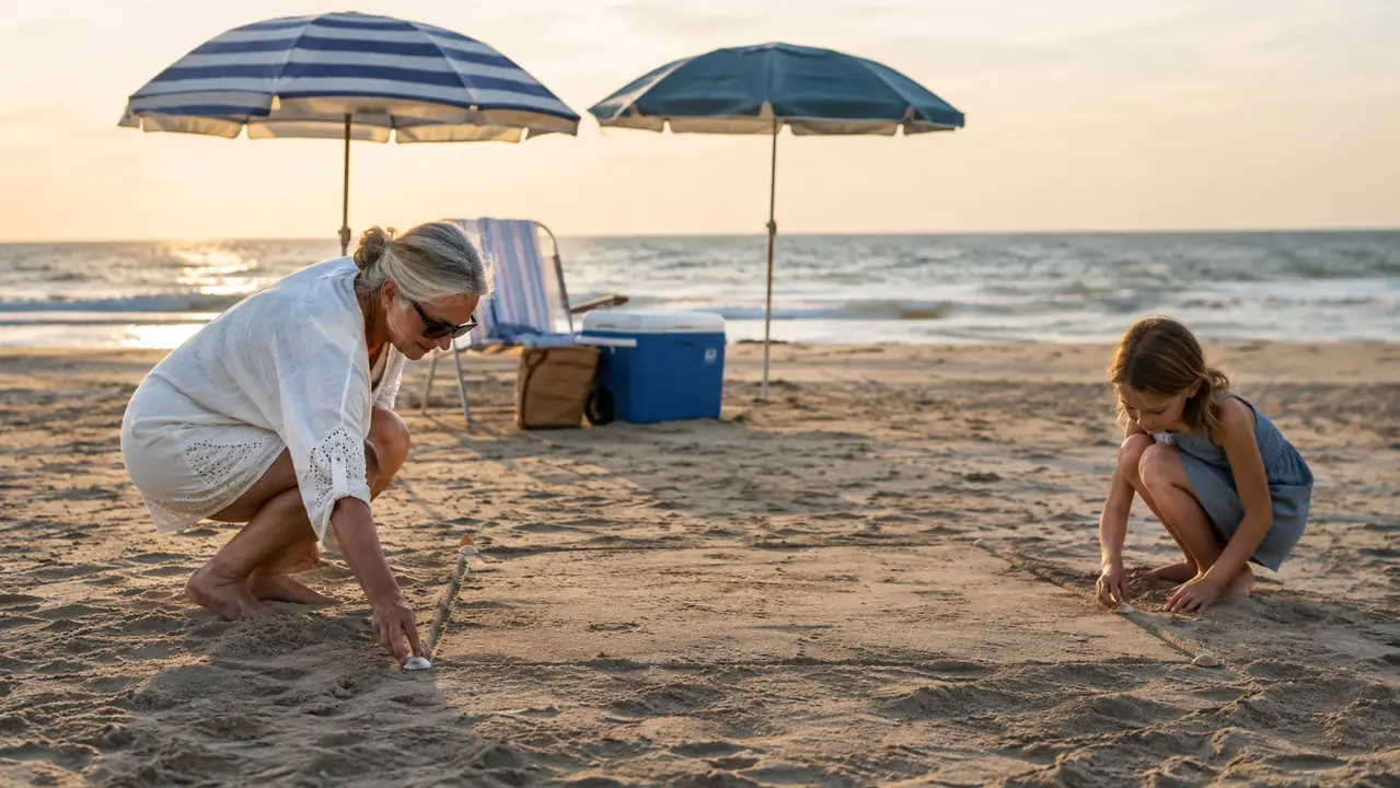 An older woman and a grandchild placing small shell markers at the corners of a bocce court on the beach