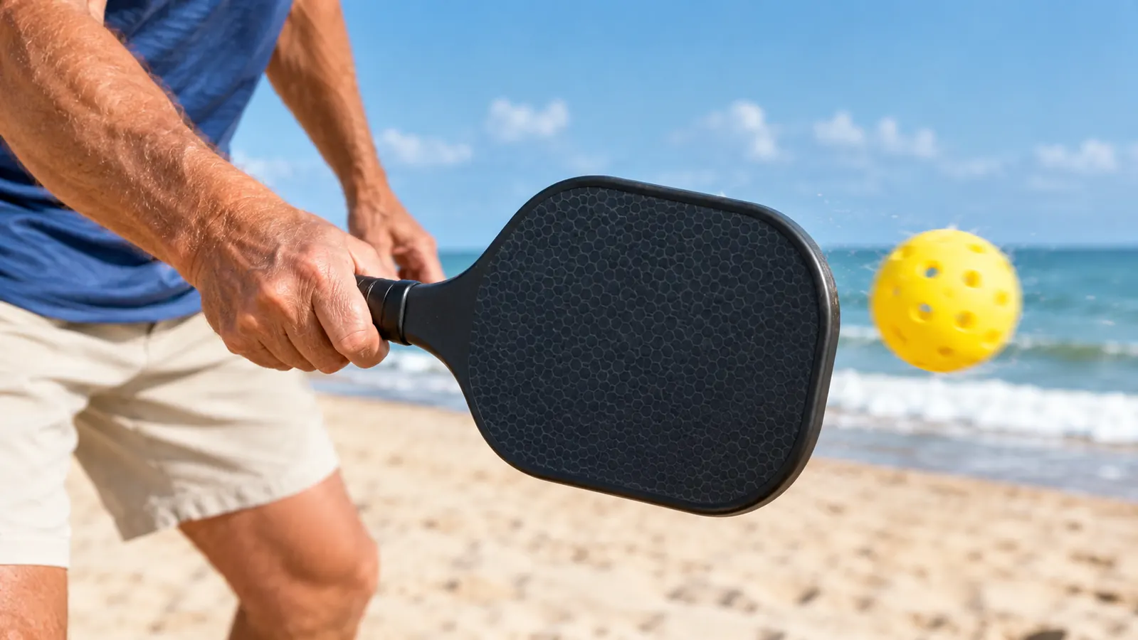 A player swinging a paddle at a ball on the beach
