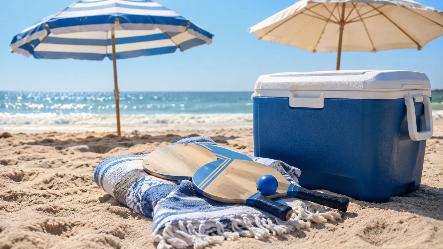 A paddleball set with two paddles and a ball resting on a towel next to a cooler on the beach
