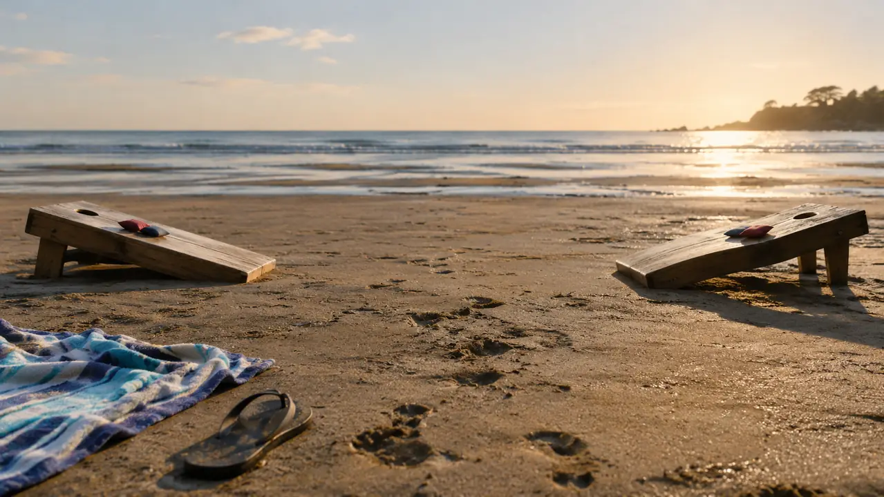Two cornhole boards facing each other across a flat stretch of sand, with shallow footprints leading between them