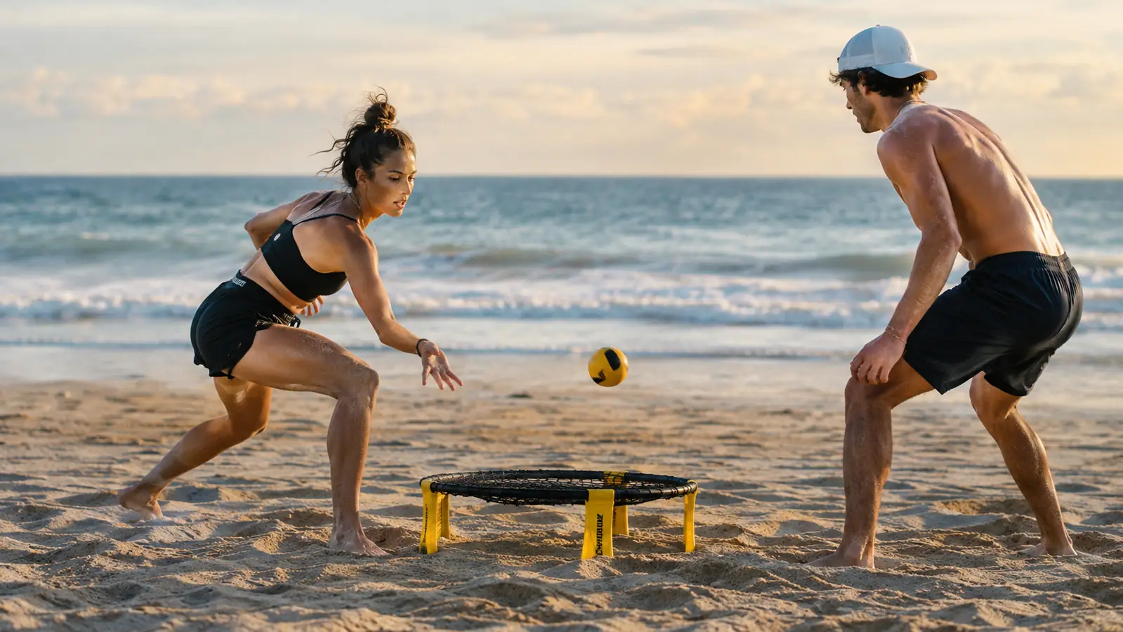 Two players in a rally on sand, one bumping the ball down onto the net