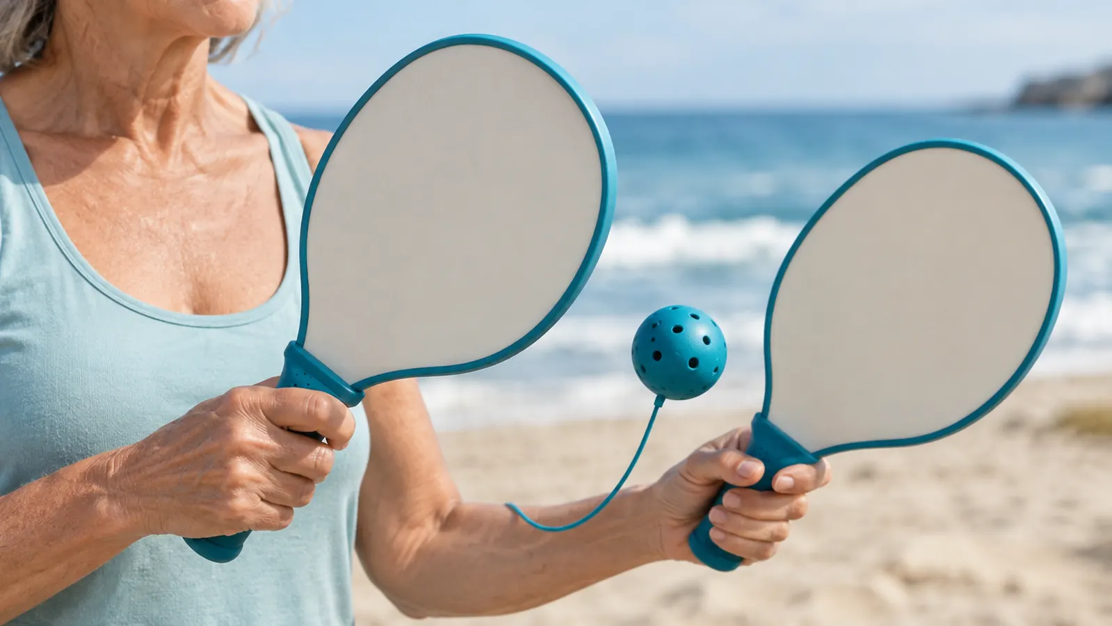 Close view of two wooden paddles with a ball connected by a cord, one paddle held by an older woman, blurred beach behind