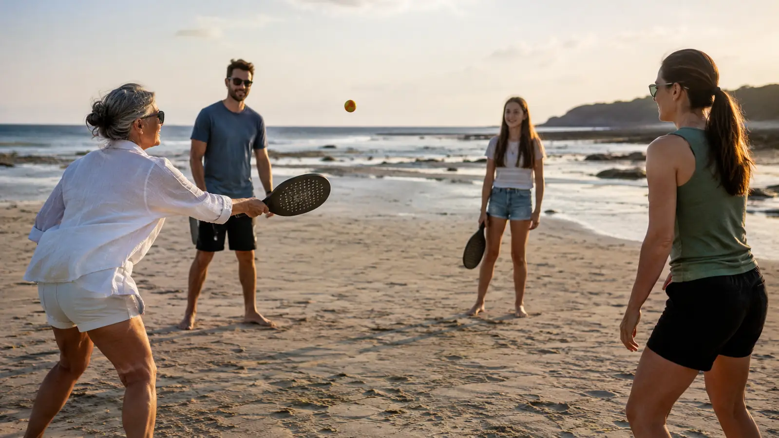 A family standing in a loose circle on the sand while an older woman hits a ball with a paddle and everyone watches