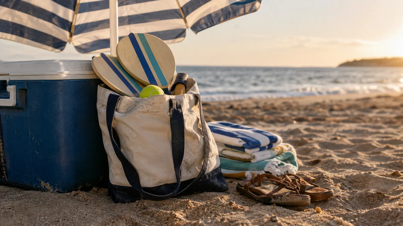 A beach bag holding two paddles and a ball, leaning against a cooler beneath a beach umbrella on the sand