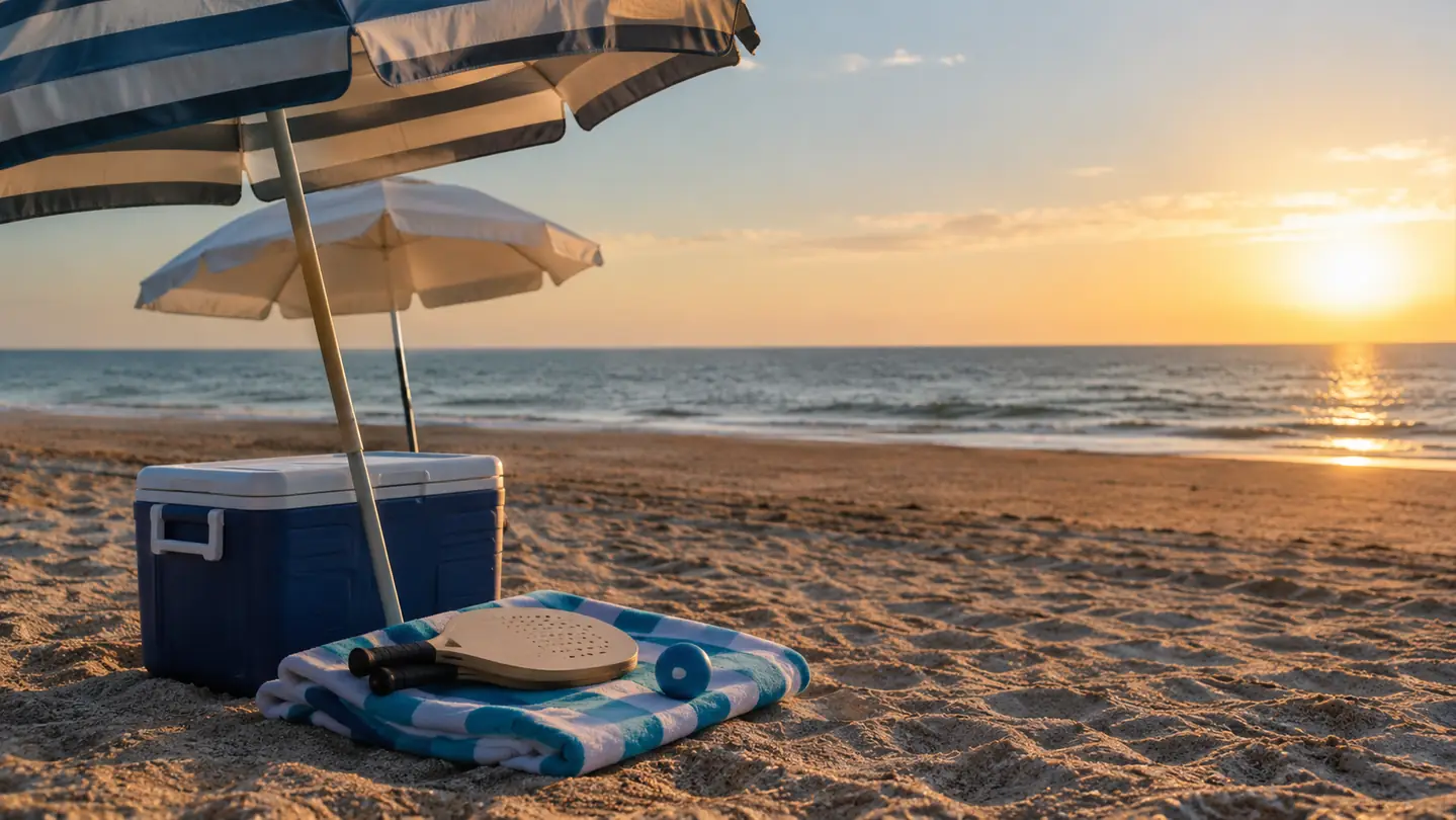 A paddle and ball resting on a beach towel beside a cooler and two umbrellas in late afternoon light
