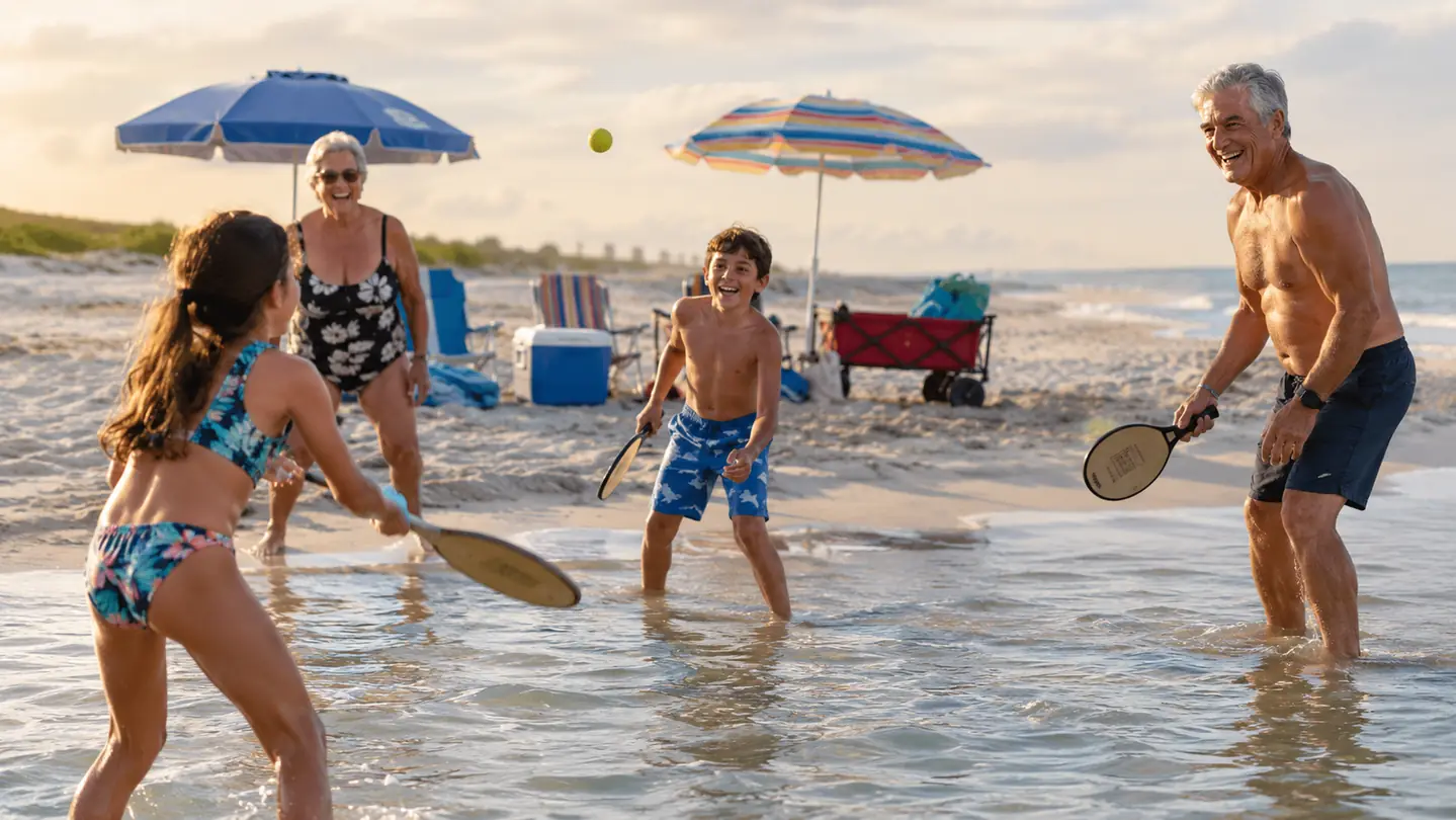 A multigenerational family taking turns with paddle sets in the shallow water, umbrellas and a cooler on the beach behind them