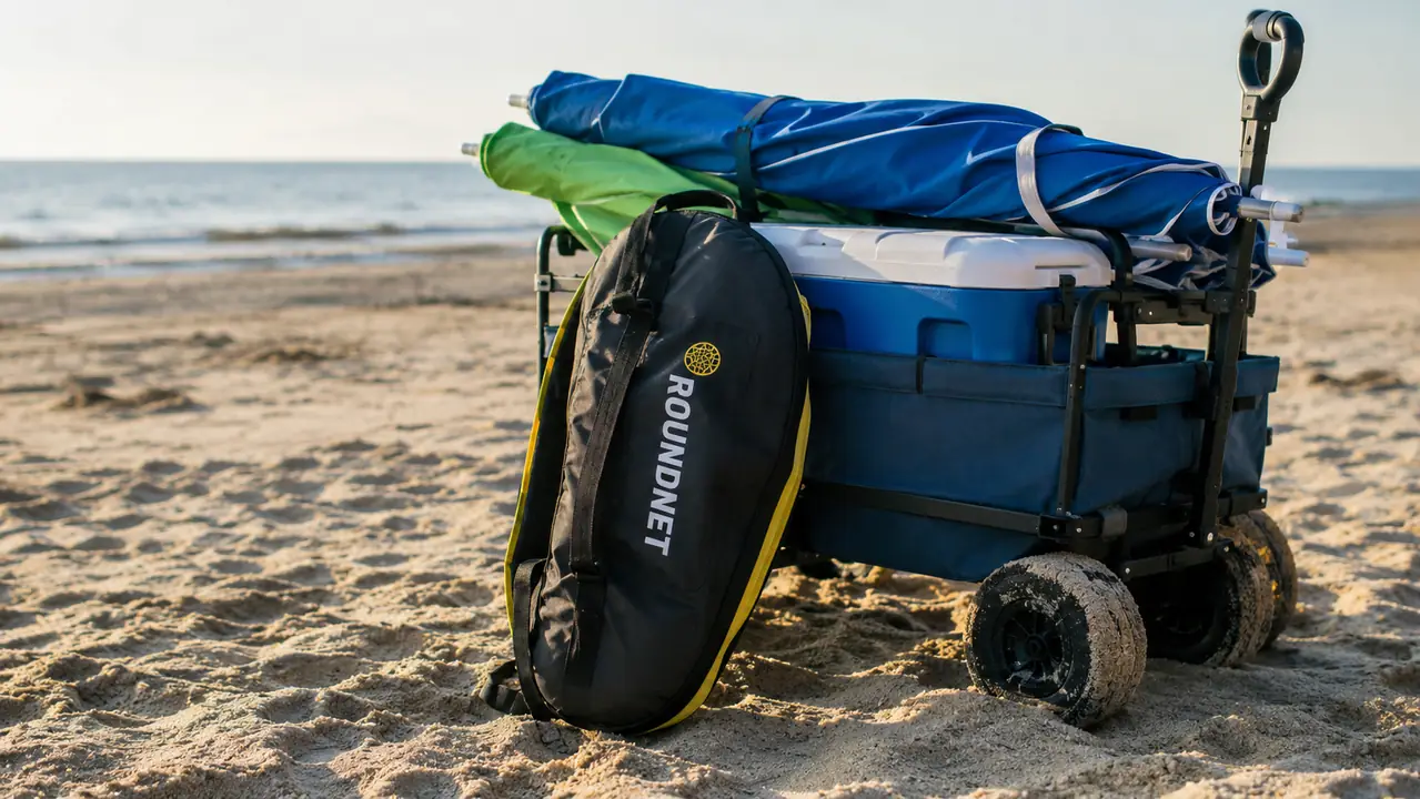 A roundnet set in its carry bag beside a beach wagon with umbrellas and a cooler