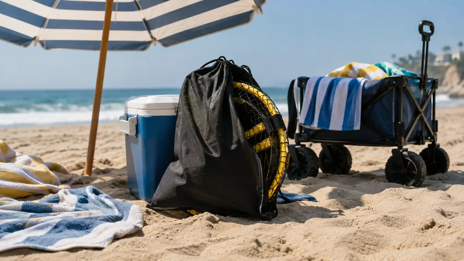A roundnet set packed in its drawstring bag leaning against a cooler beneath a beach umbrella