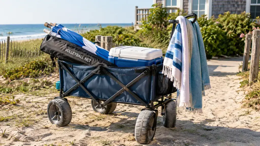 A carry bag for a volleyball net resting in a beach wagon beside a cooler and folded umbrellas
